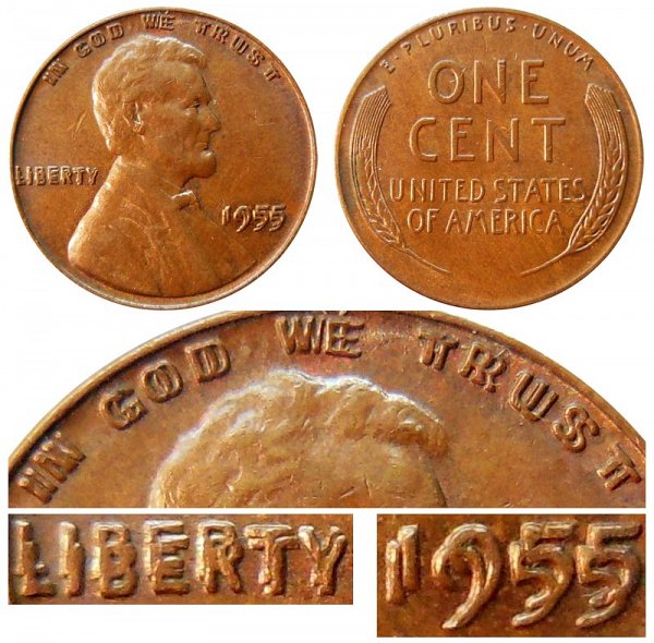 1955 Lincoln Wheat Cent : Doubled-Die Obverse