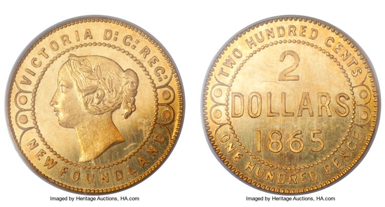 1865 Canada Newfoundland Victoria Gold Pattern Specimen 2 Dollar