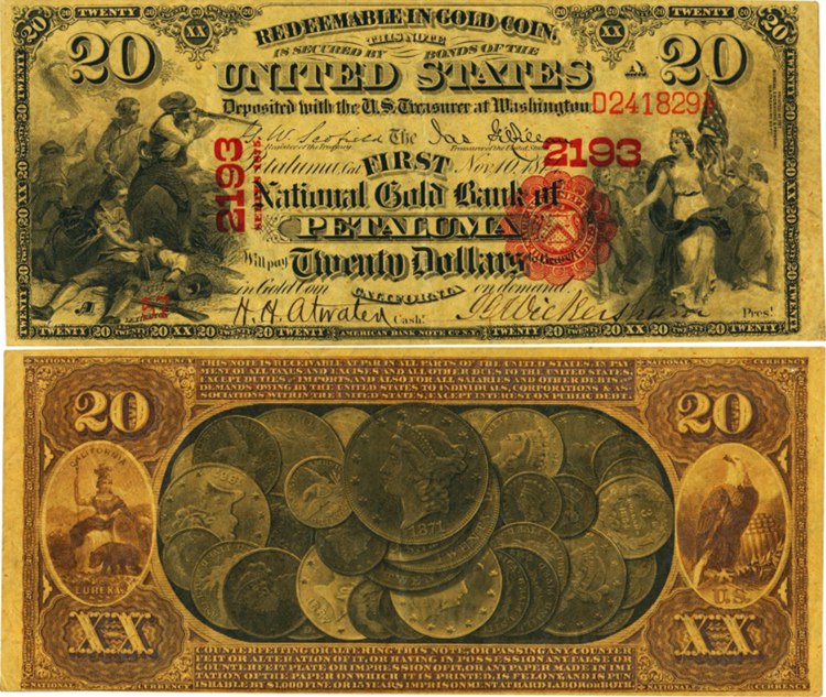 $20 1875 Fr. 1157 The First National Gold Bank of Petaluma