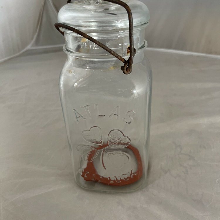 Antique Atlas Goodluck Mason Canning Jar w Lid 4 Leaf Clover Wire Bail New Seal
