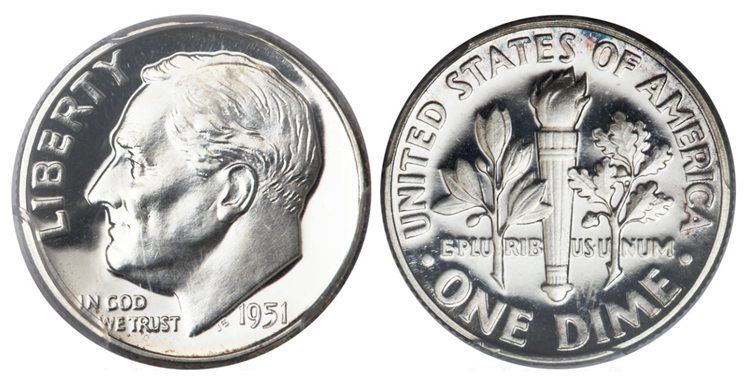 1951 Roosevelt Dime (Deep Cameo) $23,500