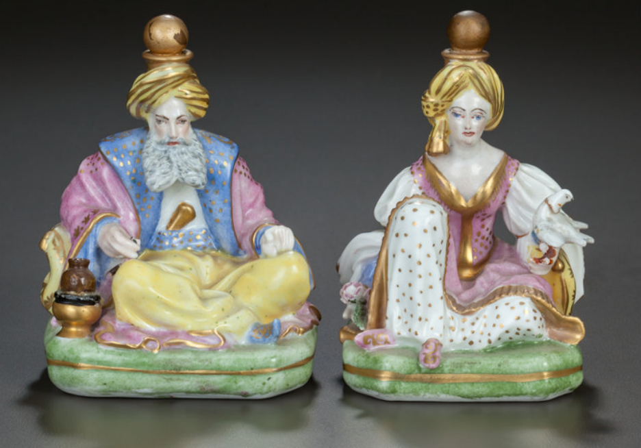 10. French Painted Porcelain Figural Cologne Bottles