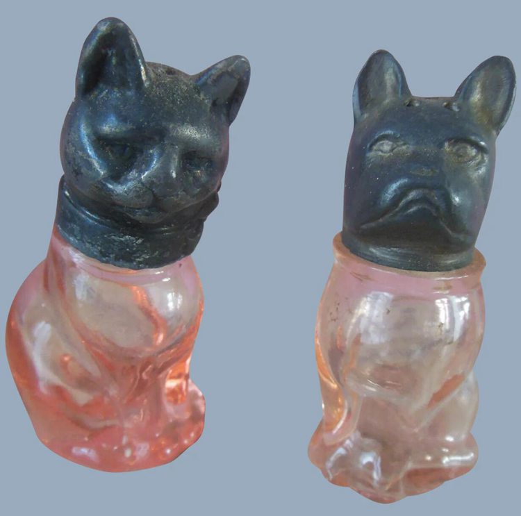 13. Antique Cat & Dog Pink Glass Depression Salt & Pepper Shakers