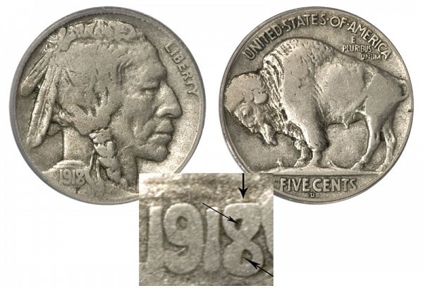 1918 D Buffalo Nickels 8 Over 7