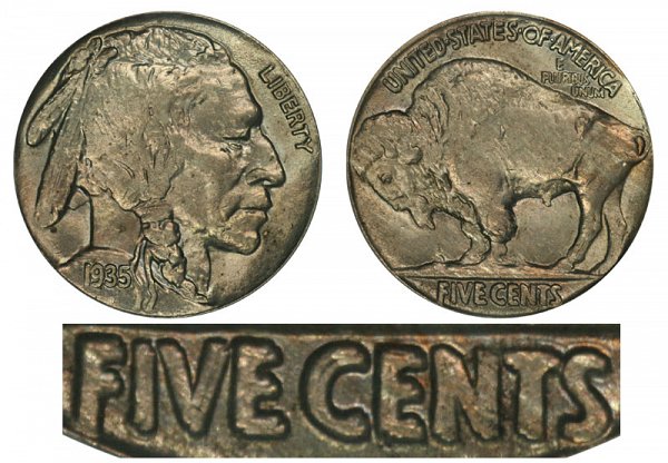 1935 Buffalo Nickels Doubled Die Reverse