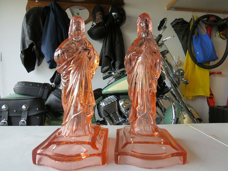 2. RARE Vintage Pink Depression Glass Religious Jesus and Mary Statue Set