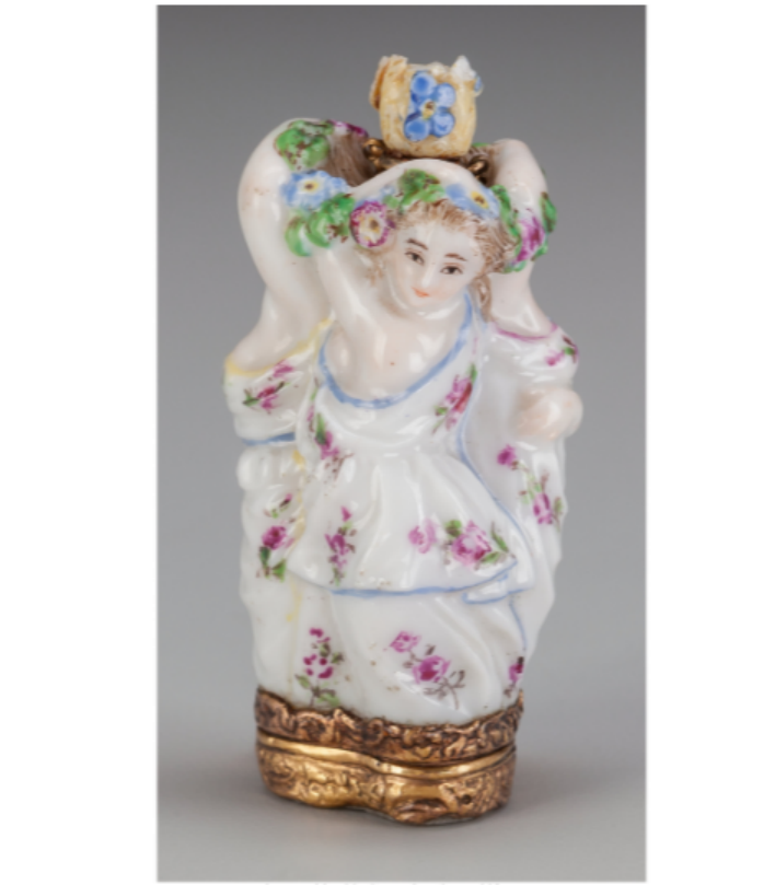 3. Chelsea Gilt Bronze Mounted Porcelain Figural Scent Bottle
