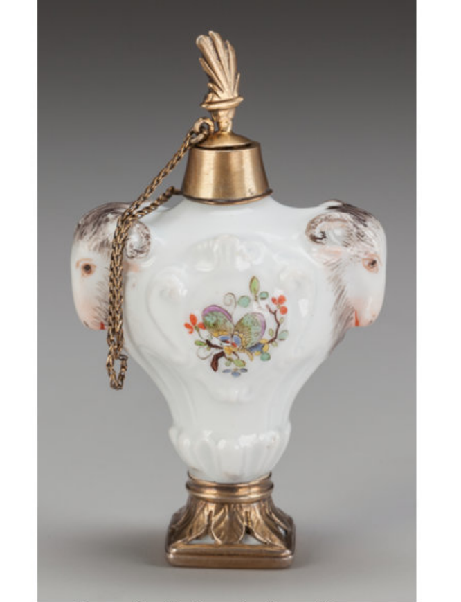 9. Miniature Meissen Gilt Bronze Mounted Porcelain Scent Bottle with Ram Heads