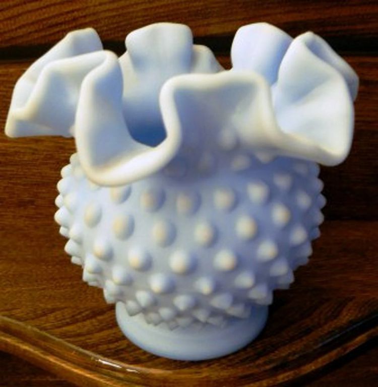 15. Vintage Fenton Art Glass - Periwinkle Hobnail Ruffled Ginger Jar Vase