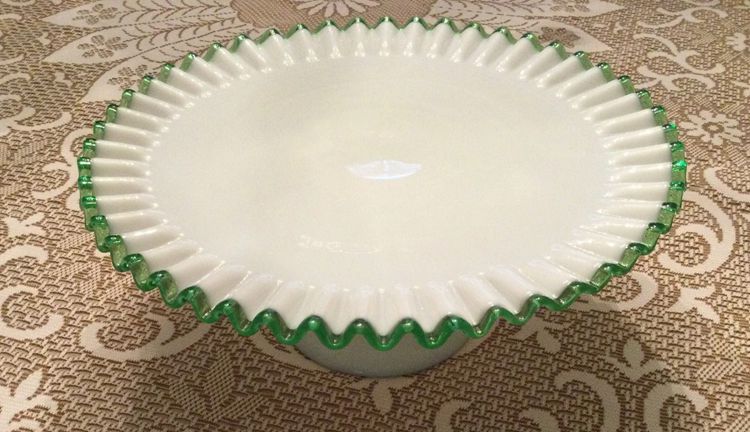 17. Vintage Fenton Milk Glass Emerald Crest Cake Stand
