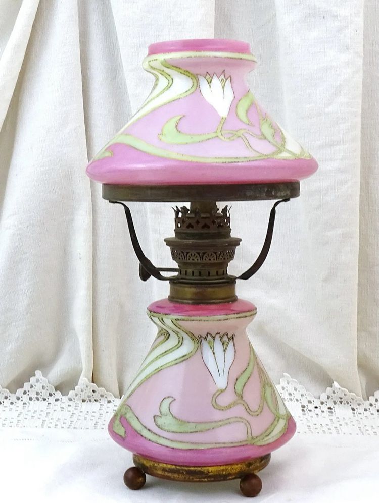 8. Antique French Art Nouveau Painted Milk Glass Oil Lamp