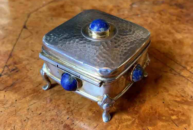 Art Deco Arts & Crafts Lapis Lazuli Sterling Silver Box Pill Jewelry Ring Box