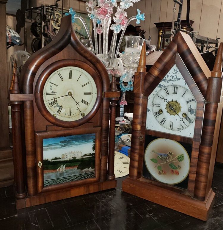 2 Antique Clocks, EC Brewster &Son Onion Top, Welch Steeple