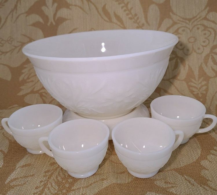 3. Anchor Hocking Milk Glass Punch Bowl With Stand And 4 Cups
