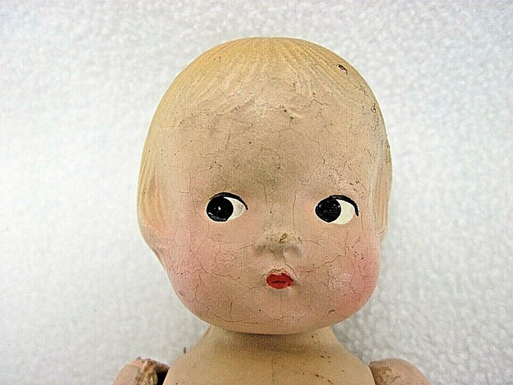 ANTIQUE DOLL MOLDED BLONDE HAIR SIDE GLANCING BLACK PAINTED EYES