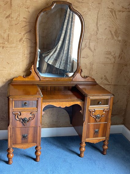 Antique 1930's Vanity Dressing Table with Mirror and Matching Bench