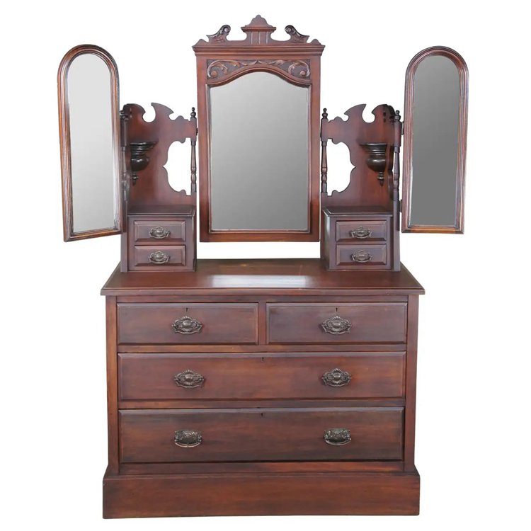 Antique Edwardian Tri Mirrored Vanity Dresser Shaving Stand Eastlake Victorian