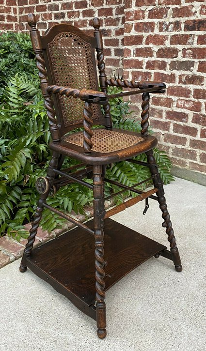Antique English High Chair Child Caned Barley Twist Oak Maker's Tag Victorian