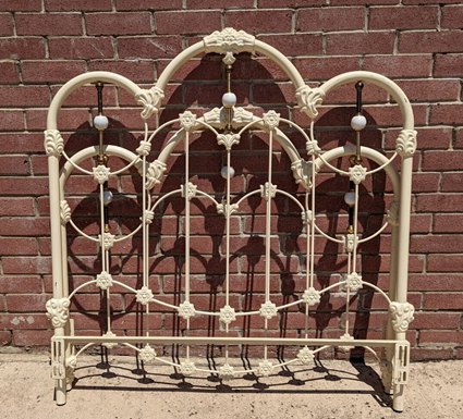 Antique Heavy Cast Iron White Enamel Paint Full Size Bed Marble Brass Accents