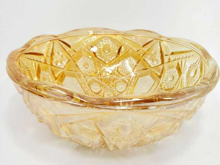 8" Antique MCKEE Toltec Marigold Carnival Glass Round Bowl