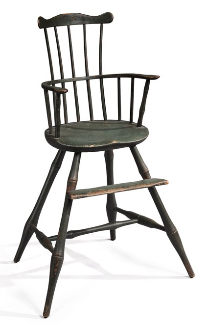 EXCEPTIONAL GREEN FAMILY GREEN-PAINTED COMB-BACK WINDSOR HIGH CHAIR, PROBABLY WORCESTER, MASSACHUSETTS AREA, CIRCA 1800