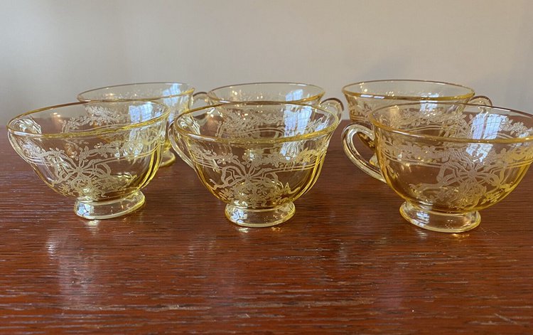 Fostoria June Etched Topaz Yellow Vintage Antique Glassware Tea Cups and Saucers