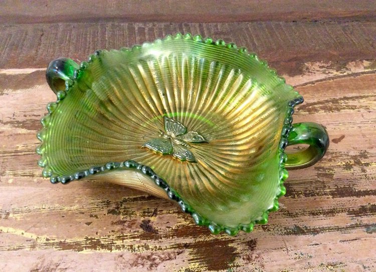 RARE Antique Northwood Green Gold Carnival Glass Threaded Butterfly Bon Bon Dish