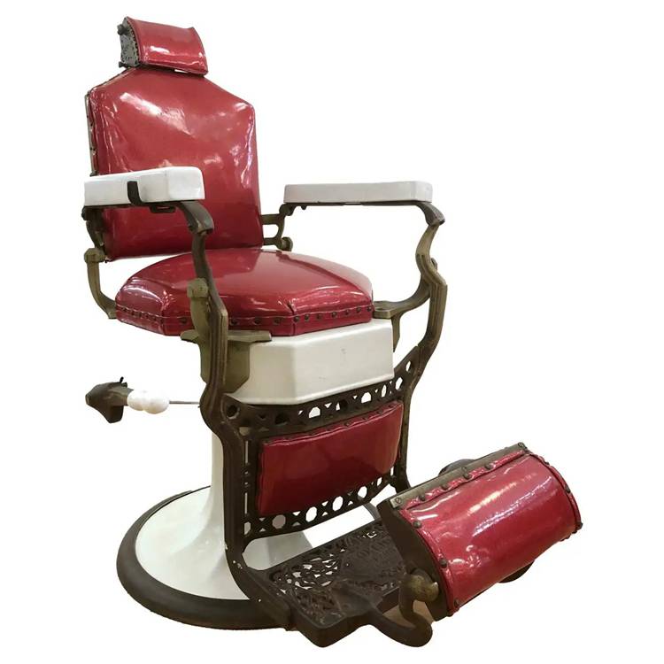 Red Vinyl & White Enameled Cast Iron Antique Barber Chairs