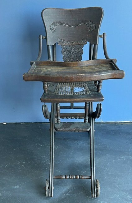 Vintage Antique Wood Childs Baby High Chair Folding