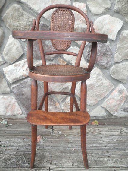 Vintage Primitive Wooden Bentwood High Chair Cane Seat Rattan Baby Doll