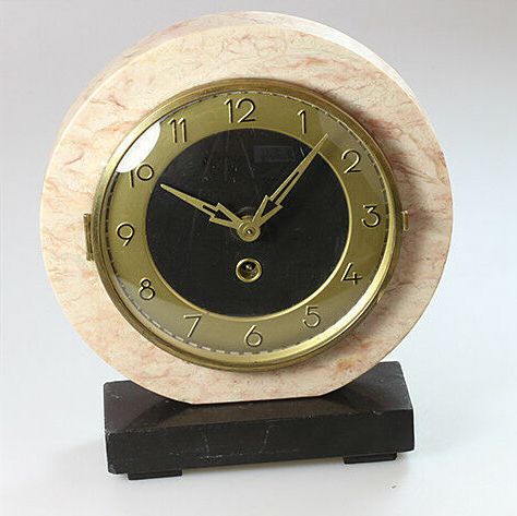 old UCRA Germany Marble Stone Brass Mantel Shelf Table Mechanical Wind up Clock