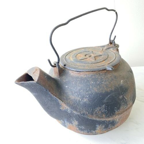 3. Antique Cast Iron Kettle with Gate Mark and Bird Spout