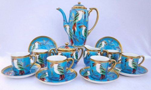 3. Noritake Art Deco Tropical Bird Enamel Coffee Set