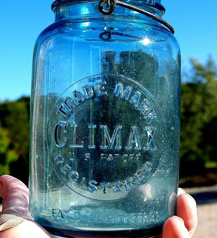 ANTIQUE  TRADE MARK CLIMAX EMBOSSED, BLUE, QUART, DATED 1908