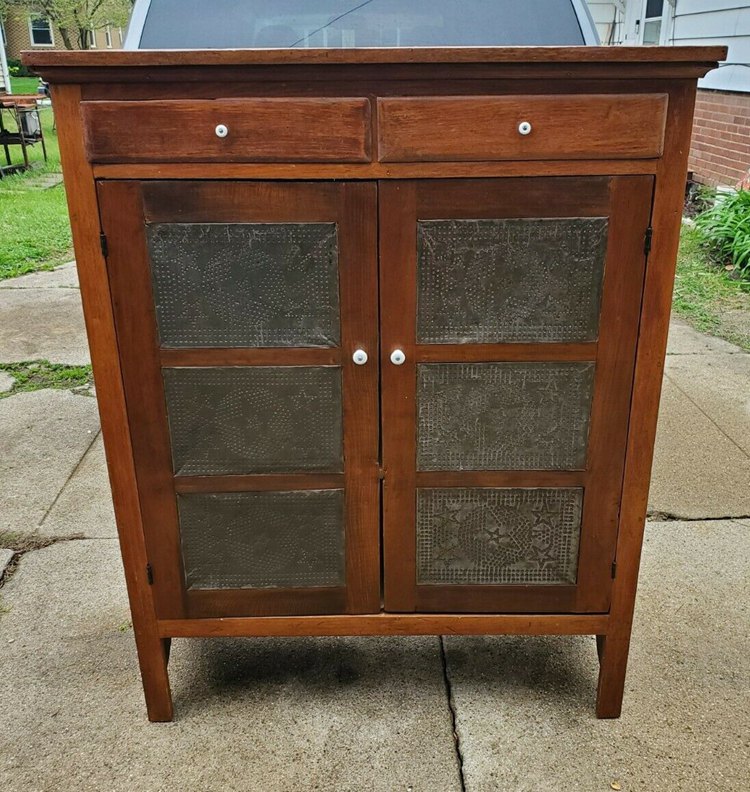 Antique 1800s Walnut Pie Safe Cupboard wPunched Tin Star Panels
