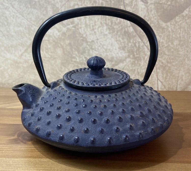 Antique Blue Japanese Kettle Cast Iron Teapot Tetsubin Porcupine Decorated