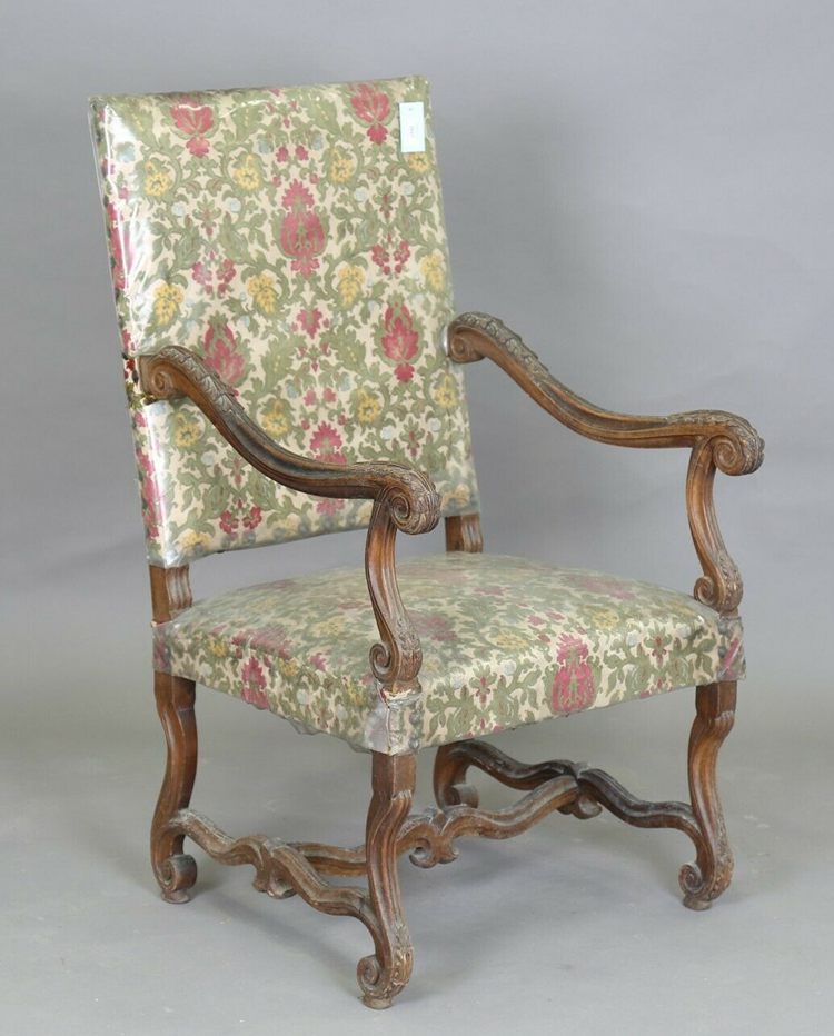 Antique Flemish Finely Carved Armchair with William Morris Style Upholstery.