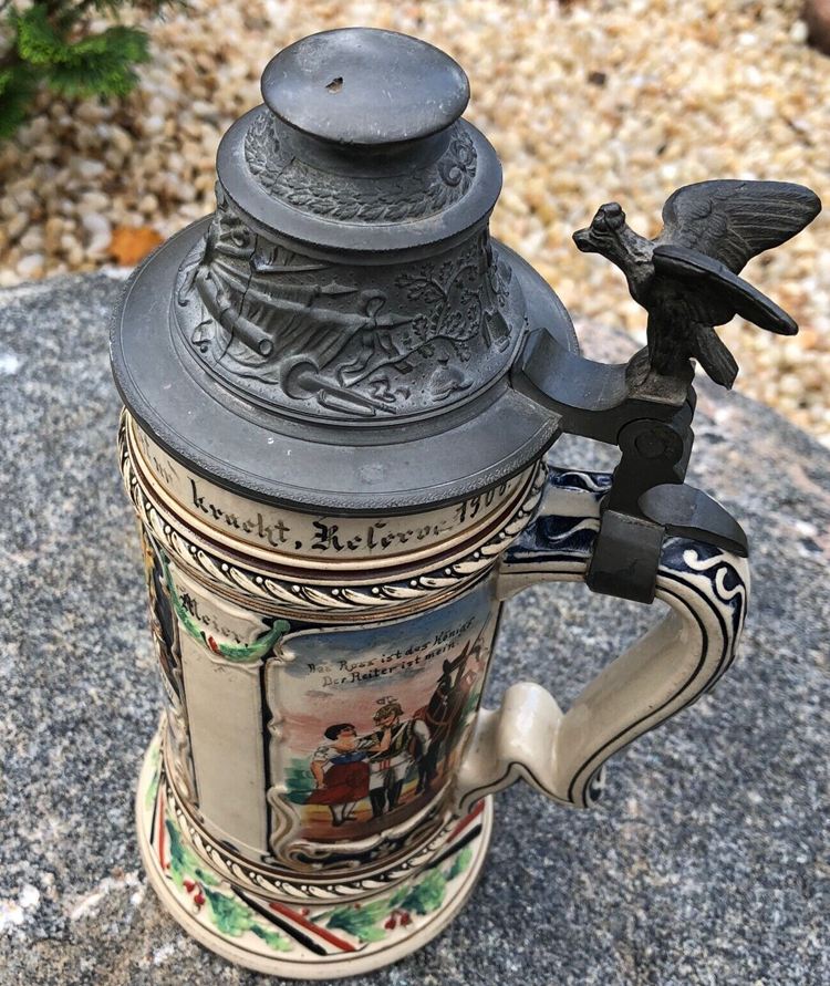 Antique German Military Stein With Hand Painted Pictures