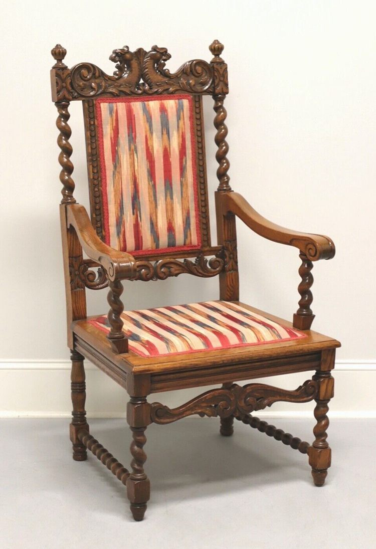 Antique Jacobean Style Carved Oak Open Armchair