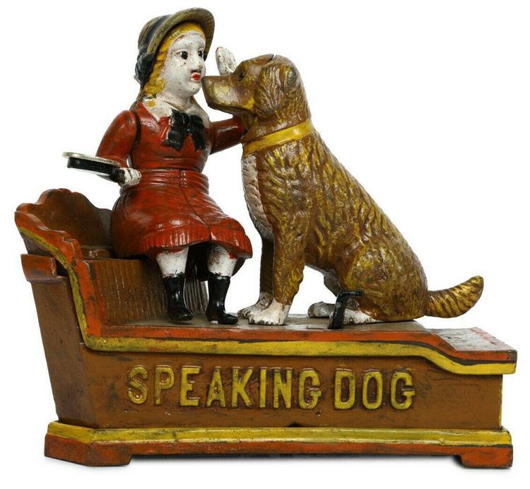 Antique Vintage Style Cast Iron Mechanical Speaking Dog Money Bank piggy bank