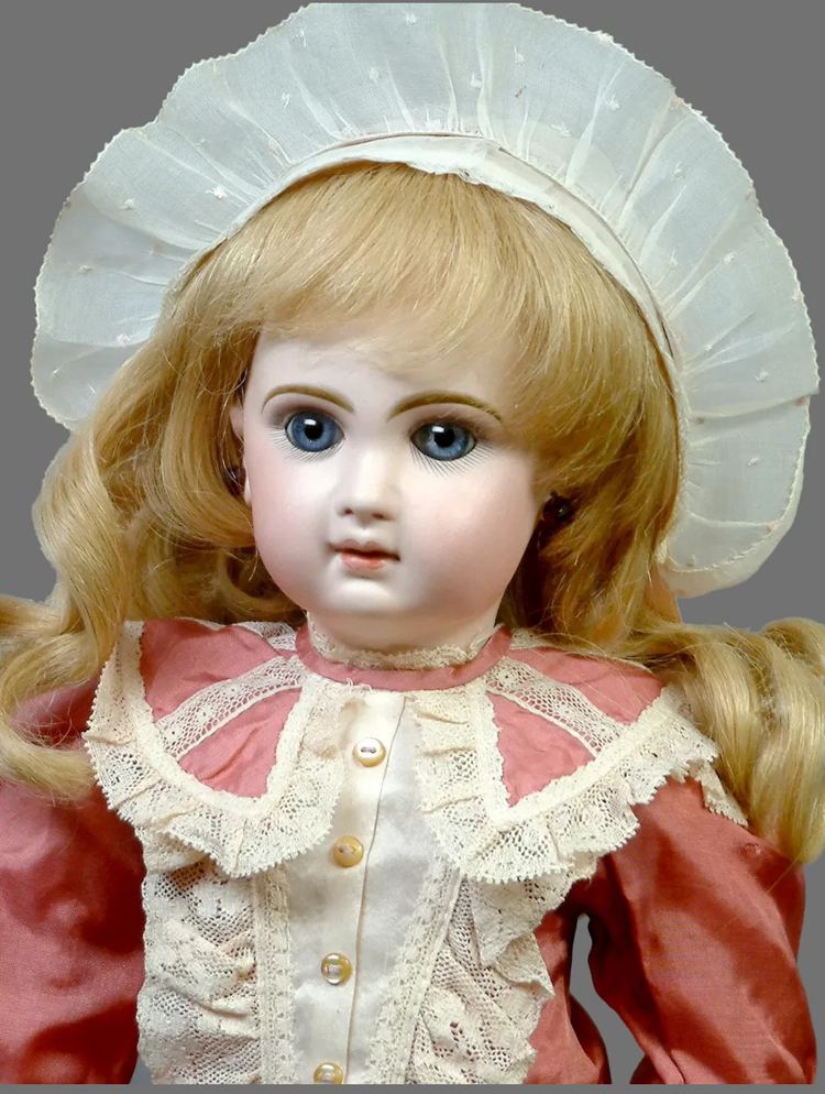 Closed-Mouth Antique Tete Jumeau French Doll in Rose Silk Frock