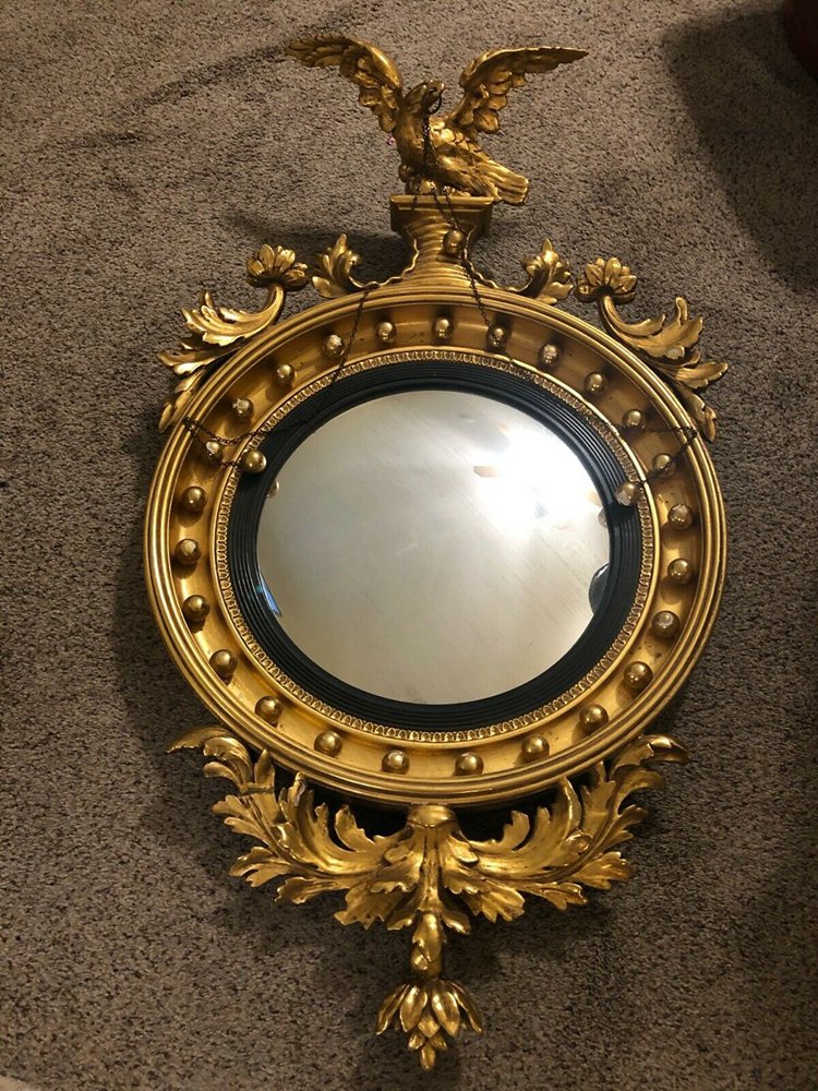 Early 19th Century Regency Giltwood Convex Mirror with Carved Eagle