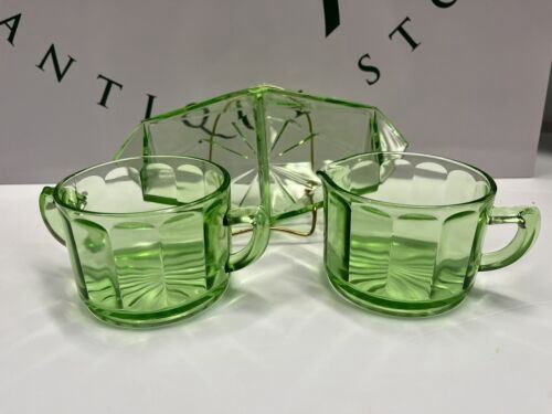 Green Depression Glass Candy Dish And Mugs