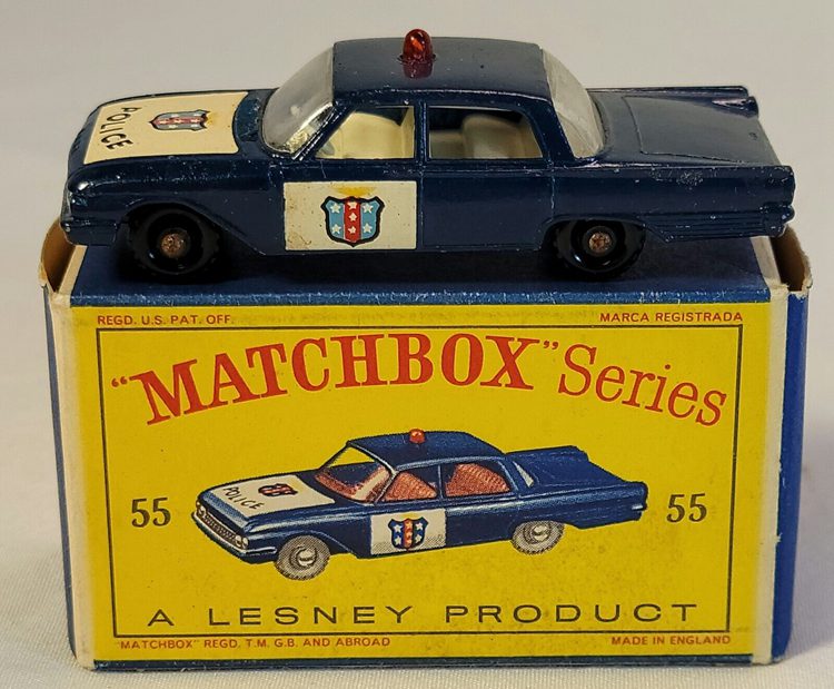 Matchbox Lesney Ford Fairlane Police car no. 55b Dark Blue Original Box Crisp