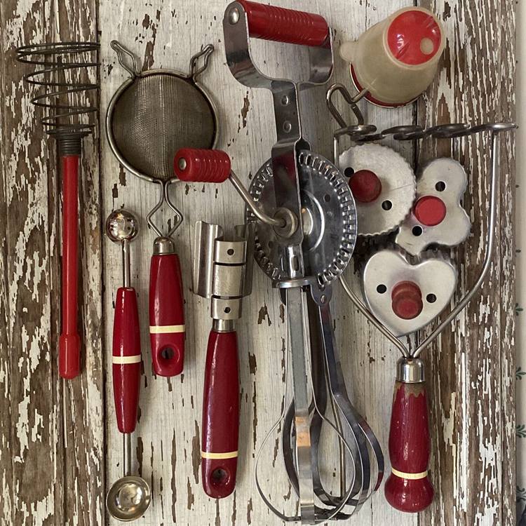 Vintage Red Handle Wooden Kitchen Utensils