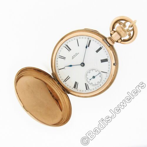Waltham A.W. Co. 8s 11j Pocket Watch Nature Themed Engraved 14k Gold Hunter Case