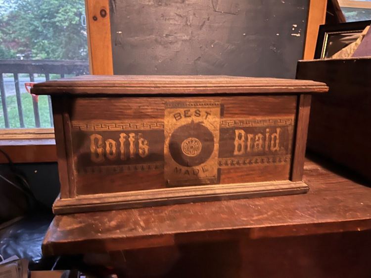 Antique Goff's Braid Best Made Spool Thread Sewing Cabinet Wood 2-Drawer sold for $228.50