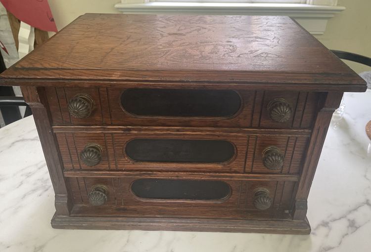 Antique Goff's Braid Oak Wood 3 Drawer Spool Cabinet String Thread Advertising sold for $260.00