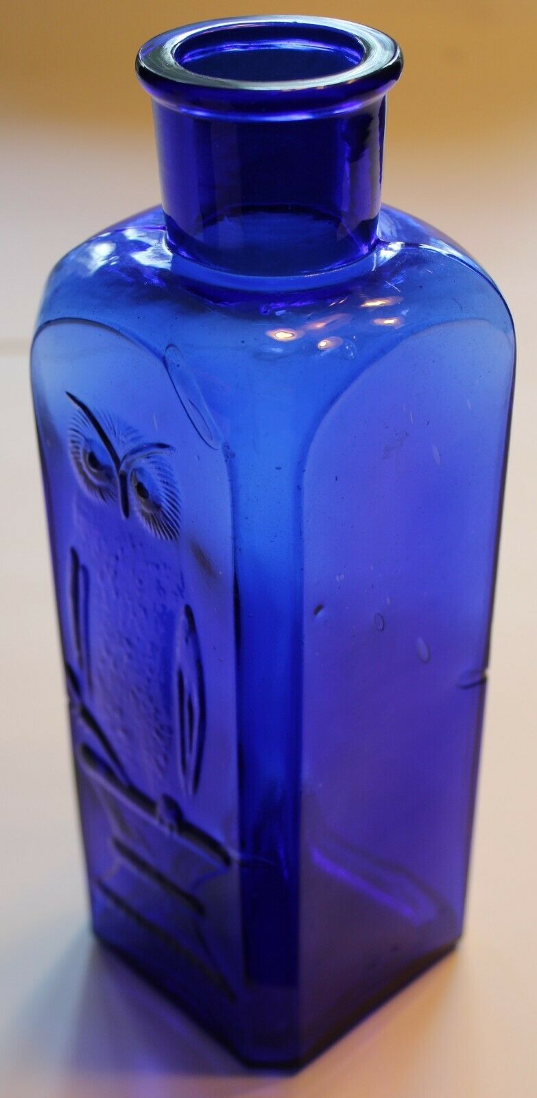 GIANT old OWL DRUG bottle w GRANDPAPPY Owl deep COBALT BLUE bottle #1 OWL bottl