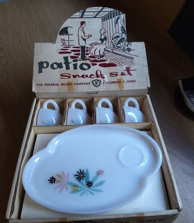 Vintage 1950s Patio Snack Set Federal Glass Co 8 pieces Atomic Flower Milk Glass sold for $40.00